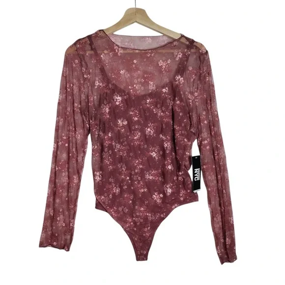 Madden NYC Womens Floral Lace Long Sleeve Bodysuit Merlot NT674A89D Large - Picture 2 of 5